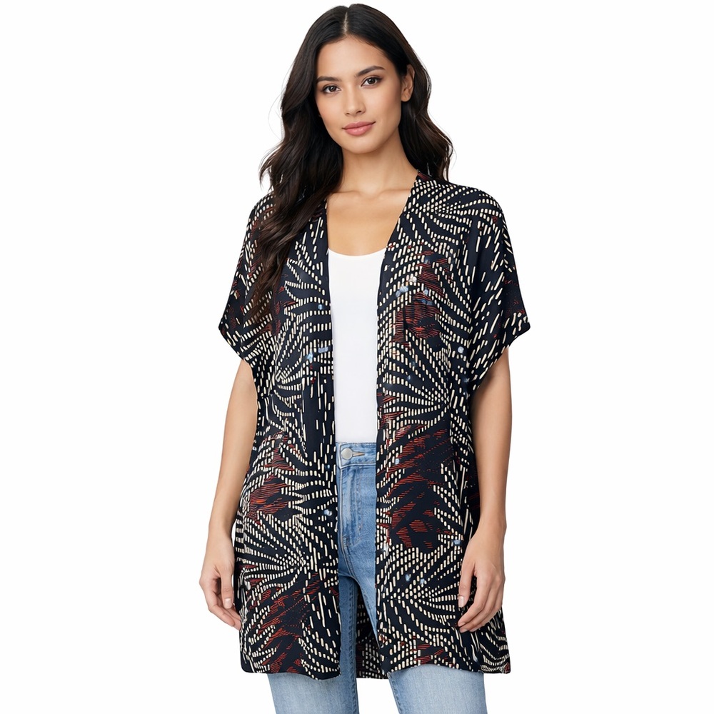 NWT Boho Kimono Black & Brown Palm Pattern Duster Cardigan Sz S/M Resort Coverup